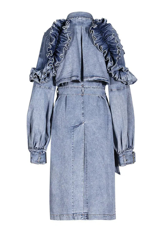 TALKLESSFASHION Ruffled Denim Long Trench Coat