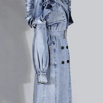 TALKLESSFASHION Ruffled Denim Long Trench Coat