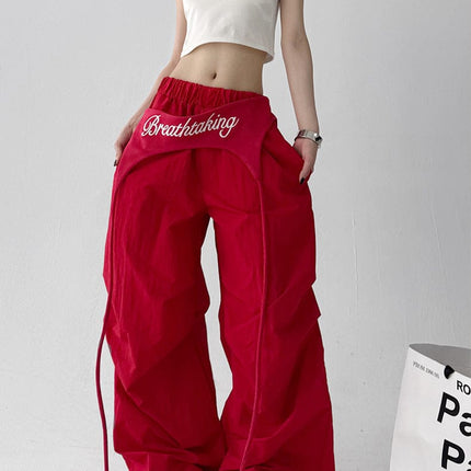 TALKLESSFASHION S / 1268 Slacks - Red American trend wide-leg pants, women's butt curtain layered strap-on design, hip-hop jazz retro casual loose scimitar pants trend
