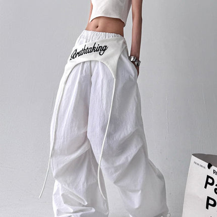 TALKLESSFASHION S / 1268 Slacks - White American trend wide-leg pants, women's butt curtain layered strap-on design, hip-hop jazz retro casual loose scimitar pants trend