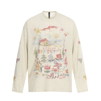 TALKLESSFASHION S / apricot Jiayiku's 2026 spring/summer new printed T-shirt long-sleeved American trendy brand personalized graffiti color sports base shirt