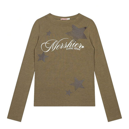 TALKLESSFASHION S / Army Green XPKAEAX American Vintage Spice Girl Striped Long Sleeve T-Shirt Women's 2025 Fall Slim Slimming Top Base Layer