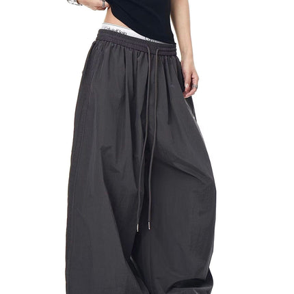 TALKLESSFASHION S / B3079 Slacks - Grey Drawstring pleats, quick-drying paratrooper pants, women's summer loose drape, wide-leg pants, hip-hop, American vintage jazz dance, scimitar pants