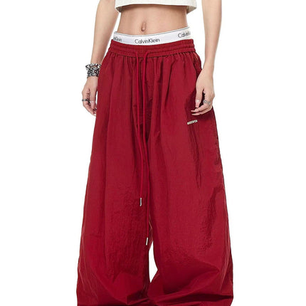 TALKLESSFASHION S / B3079 Slacks - Red Drawstring pleats, quick-drying paratrooper pants, women's summer loose drape, wide-leg pants, hip-hop, American vintage jazz dance, scimitar pants