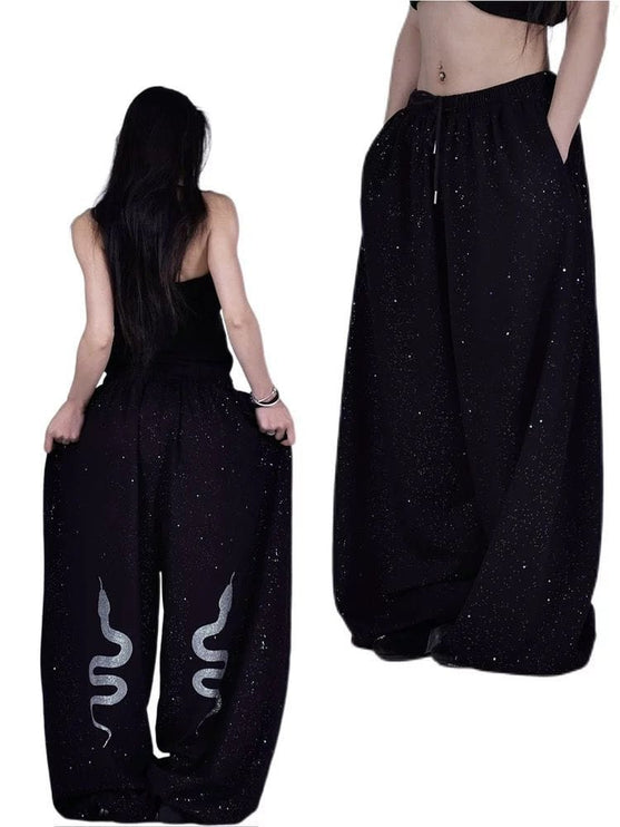 TALKLESSFASHION S / B3089 Slacks American hot diamond sprinkled sparkling snake print glitter pants women's loose street dance jazz jzza casual sports sweatpants