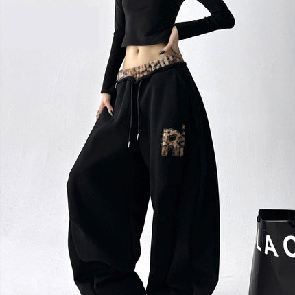 TALKLESSFASHION S / B3112 Slacks - Black American vintage plush leopard print embroidered spliced wide-leg casual sweatpants Jazz dance sporty loose scimitar pants