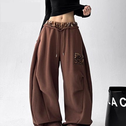 TALKLESSFASHION S / B3112 Slacks - Brown American vintage plush leopard print embroidered spliced wide-leg casual sweatpants Jazz dance sporty loose scimitar pants