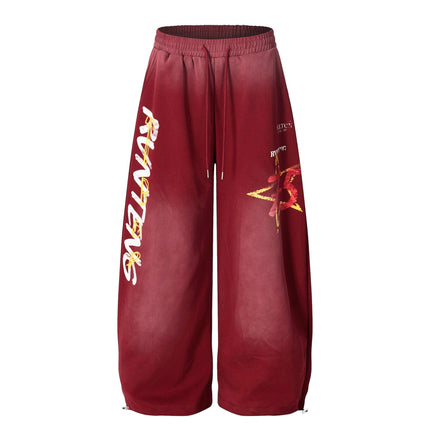 TALKLESSFASHION S / B3137 Slacks - Red European and American vintage graffiti hot girl style star letter print washed gradient sweatpants women's autumn jazz dance scimitar pants