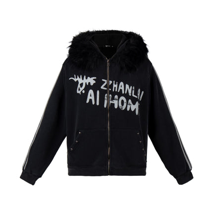 TALKLESSFASHION S / black American fur collar detachable hooded fleece sweatshirt for women 2025 winter loose tie-dye distressed cardigan jacket for men