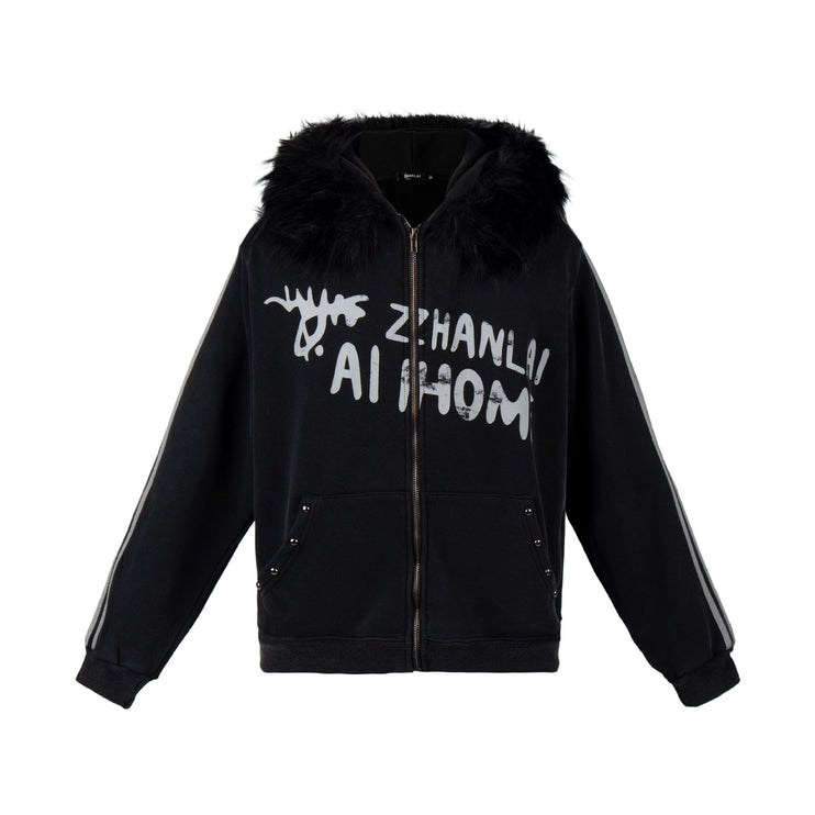 TALKLESSFASHION S / black American fur collar detachable hooded fleece sweatshirt for women 2025 winter loose tie-dye distressed cardigan jacket for men