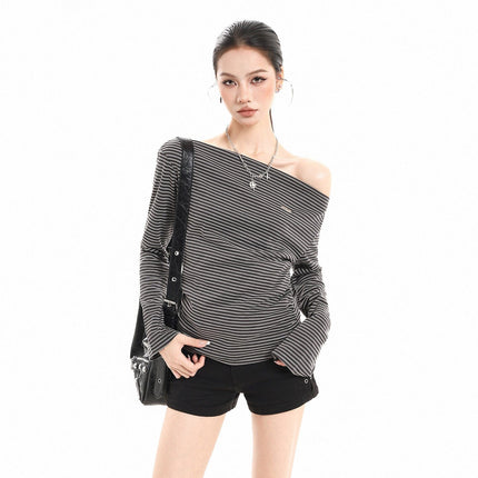 TALKLESSFASHION S / Black and white stripes XPKAEAX American Vintage Striped Contrast One-Shoulder Long Sleeve T-Shirt Women's Spring New Loose Waist Top