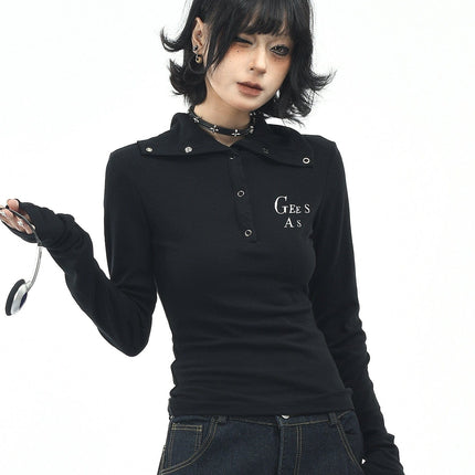 TALKLESSFASHION S / black OV original American hot girl half-open lapel long-sleeved T-shirt women's autumn slim straight shoulder short base shirt top trend