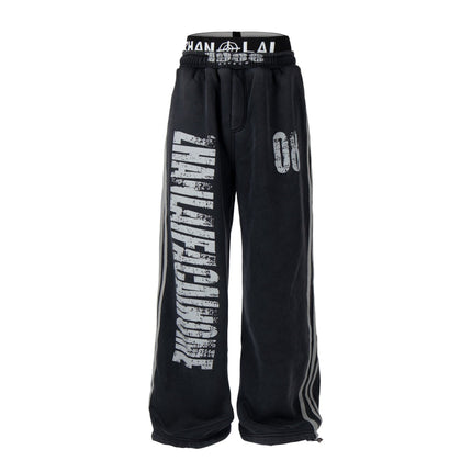 TALKLESSFASHION S / Black plus velvet Fall 2025 American high street dirty and worn letter double waist sweatpants for men and women with a sense of design scimitar wide-leg pants