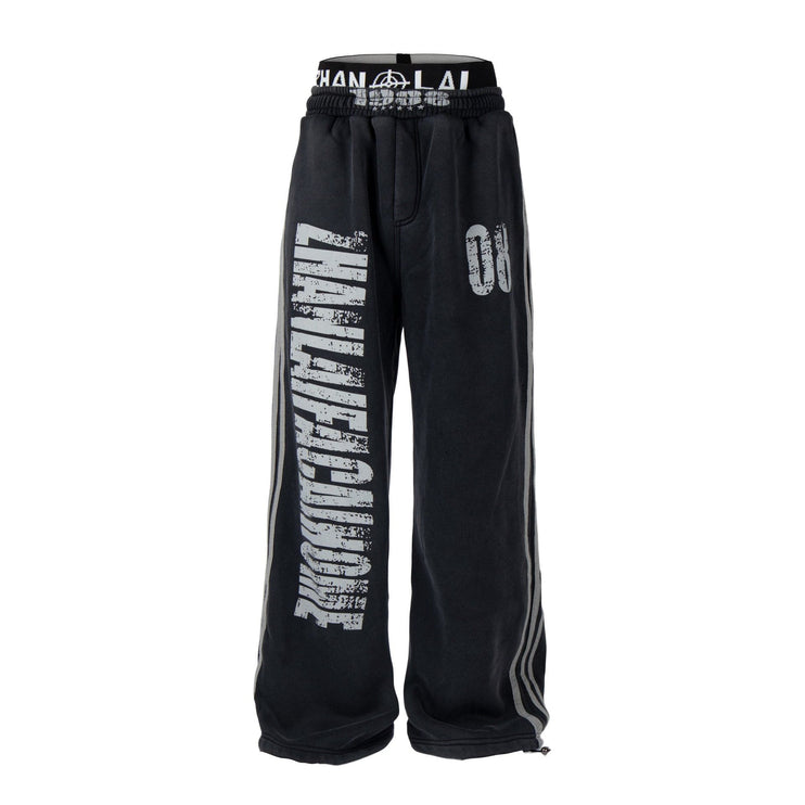TALKLESSFASHION S / Black plus velvet Fall 2025 American high street dirty and worn letter double waist sweatpants for men and women with a sense of design scimitar wide-leg pants