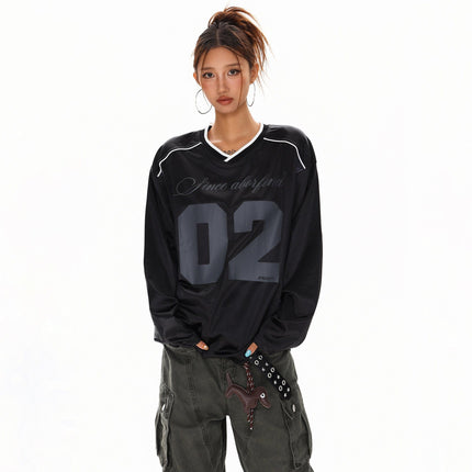 TALKLESSFASHION S / black XPKAEAX American High Street Digital Print V-Neck Long Sleeve T-Shirt Men's and Women's Fall 2025 Jersey Sporty Top