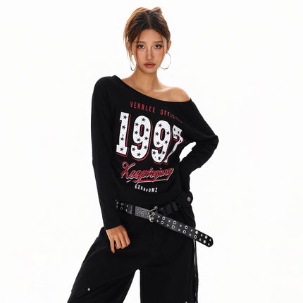 TALKLESSFASHION S / black XPKAEAX Spice Girl Style American High Street Slim Long Sleeve T-Shirt Women's New Off-the-Shoulder Slimming Top for Fall 2025