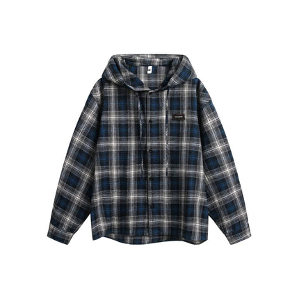 TALKLESSFASHION S / Blue gray grid Vintage Plaid Hooded Long-Sleeve Shirt