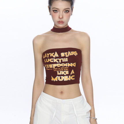 TALKLESSFASHION S / Brown BIGGOLD American hot girl letter halterneck bandeau vest women's summer design sense personality slimming slimming top