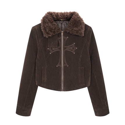 TALKLESSFASHION S / Brown coffee color American vintage nail bead cross fur collar jacket jacket for women 2025 fall loose casual versatile top