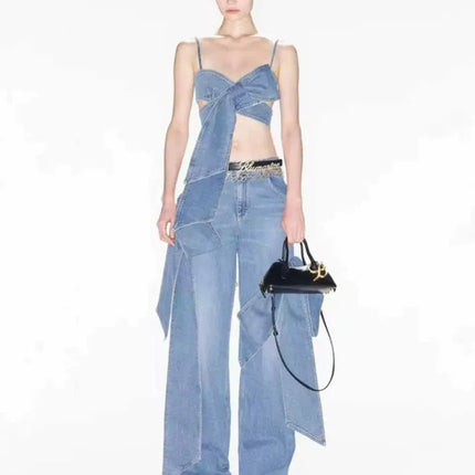 TALKLESSFASHION S buyer show return 5 / Blue vest Denim Bow Bandeau Wide-Leg Set