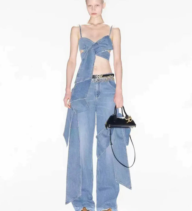 TALKLESSFASHION S buyer show return 5 / Blue vest Denim Bow Bandeau Wide-Leg Set