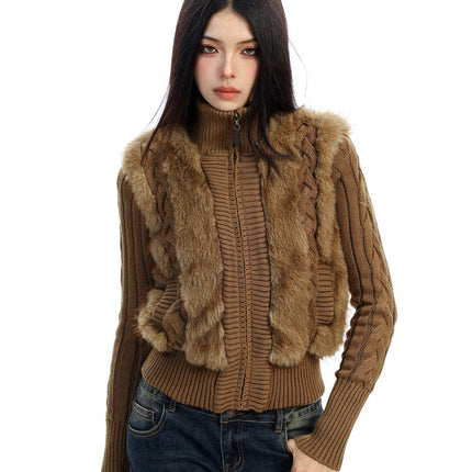 TALKLESSFASHION S / Card brown BIGGOLD Eco-friendly Fur Patchwork Stand Collar Twist Sweater Women's Autumn and Winter Slim Slimming Warm Knitwear Jacket