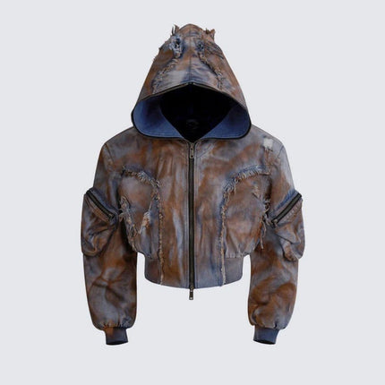 TALKLESSFASHION S / coat Wasteland style short hooded denim jacket men make old mud dye fake two pieces of broken structure raw edge jeans