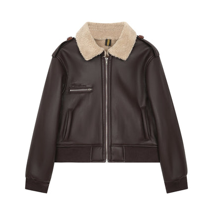 TALKLESSFASHION S / Coffee color American vintage lambswool lapel jacket padded cotton jacket women's 2025 fall/winter loose and versatile biker jacket