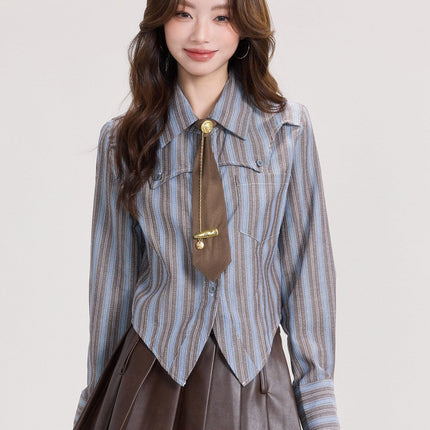 TALKLESSFASHION S / Curry shirt Mi Xiaoke American retro long-sleeved shirt women's spring college style with striped shirt and small temperament top