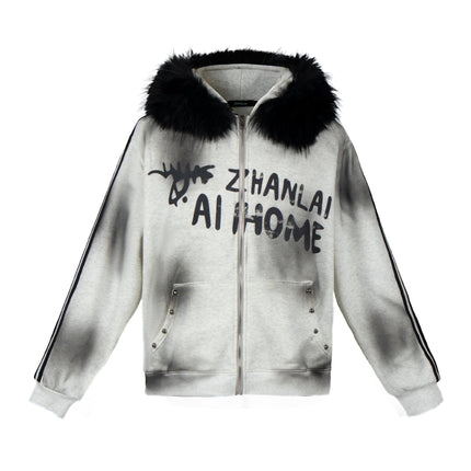 TALKLESSFASHION S / gray American fur collar detachable hooded fleece sweatshirt for women 2025 winter loose tie-dye distressed cardigan jacket for men