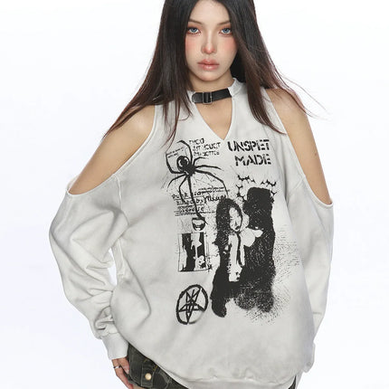 TALKLESSFASHION S / gray Graffiti Distressed Off-Shoulder Sweatshirt