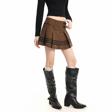 TALKLESSFASHION S / gray XPKAEAX American Vintage Striped Paneled Skirt Women's Spring New Leather Buckle Preppy Pleated Skirt