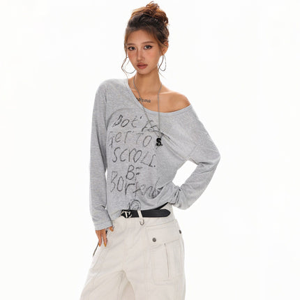 TALKLESSFASHION S / gray XPKAEAX Slightly Translucent Lightweight Letter Long Sleeve T-Shirt Women's 2025 Pre-Fall Loose Off-the-Shoulder Top American Slanted Shoulder Cover-Up