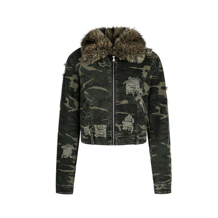 TALKLESSFASHION S / green Camo Wash Detachable Fur Jacket