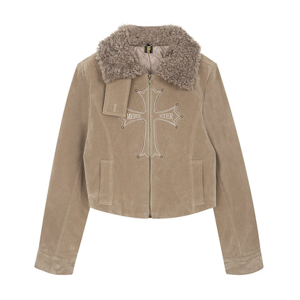 TALKLESSFASHION S / Khaki American vintage nail bead cross fur collar jacket jacket for women 2025 fall loose casual versatile top