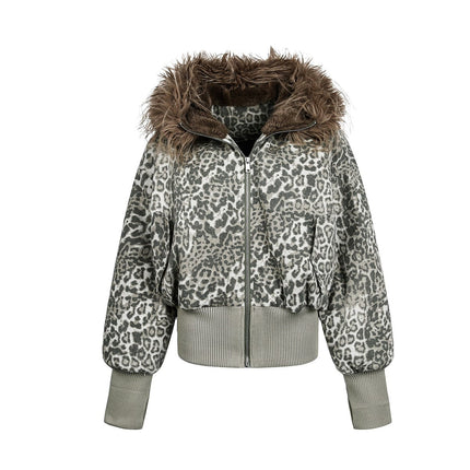 TALKLESSFASHION S / Leopard print mountain carved fur collar cotton jacket leopard print jacket