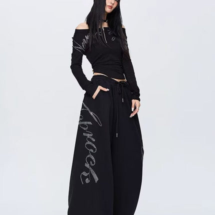 TALKLESSFASHION S / NK132 Sweatpants - Black Vintage hip hop hot diamond black hip hop casual sweatpants women's winter design jazz dance scimitar pants