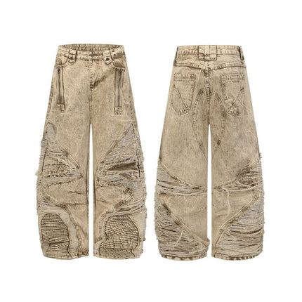 TALKLESSFASHION S / Picture apricot 2025 New Scimitar Denim Pants High Street Wasteland Style Torn Raw Edge Loose Slimming Washed Jeans