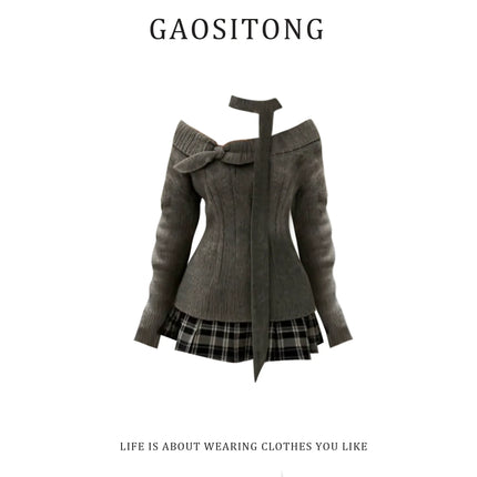 TALKLESSFASHION S recommended 80-90 kg / coat GAOSITONG Pure Desire One-Shoulder Long Sleeve Knitted Sweater Women's Autumn Winter 2025 Sweet and Spicy Check Pleated Skirt Set