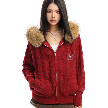 TALKLESSFASHION S / red BIGGOLD Christmas and New Year fur collar hooded red sweater women's autumn and winter atmosphere warm knitted cardigan top