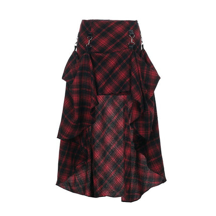 TALKLESSFASHION S / red VOstudio 2025 spring summer new retro red and black plaid irregular skirt can be adjusted to wear more midi skirts