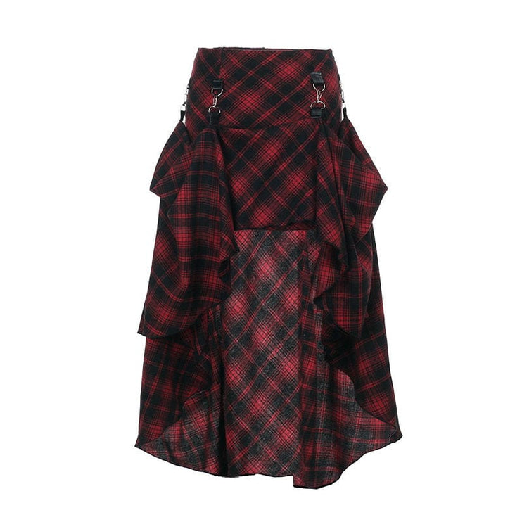 TALKLESSFASHION S / red VOstudio 2025 spring summer new retro red and black plaid irregular skirt can be adjusted to wear more midi skirts