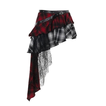 TALKLESSFASHION S / red VOstudio subculture wears irregular checks, patchwork, lace, design, niche skirts, hot girl skirts