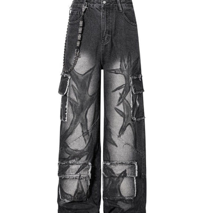 TALKLESSFASHION S Ripped Printed Wide-Leg Jeans