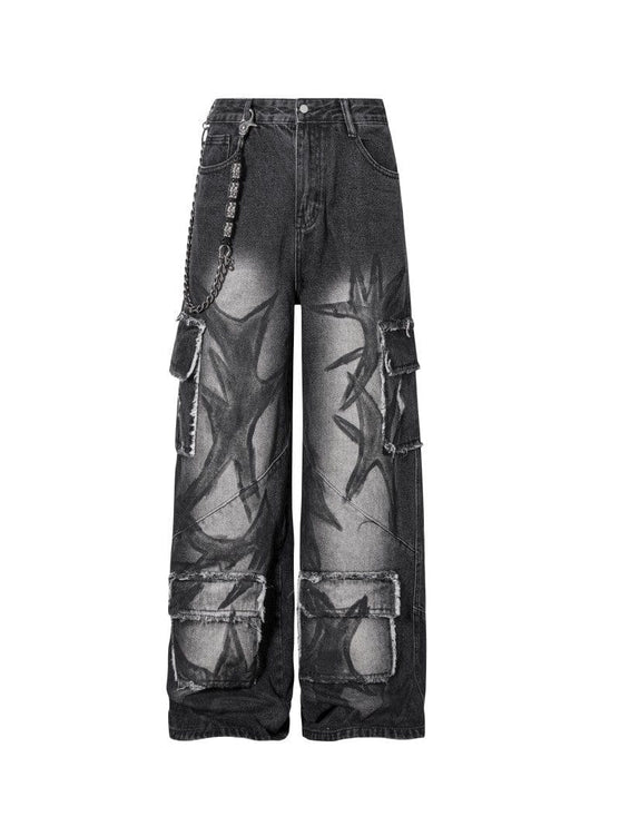 TALKLESSFASHION S Ripped Printed Wide-Leg Jeans