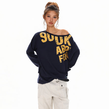 TALKLESSFASHION S / Royal blue Disruptive Lettering Off-Shoulder Top