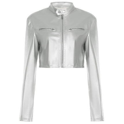 TALKLESSFASHION S / Silver Functional style, silver stand-up collar, zipper, cropped leather jacket, hot girl, street personality, slim fit, crop top, versatile jacket