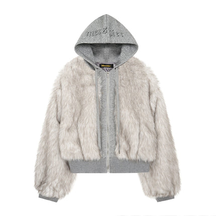 TALKLESSFASHION S / silver white American Faux Fur Cropped Layered Jacket