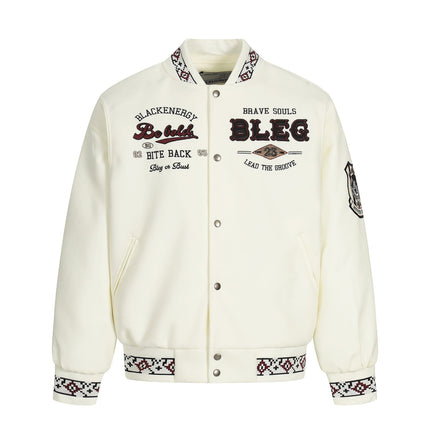 TALKLESSFASHION S / white Embroidery Campus Style Cotton jacket