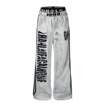 TALKLESSFASHION S / White plus velvet Fall 2025 American high street dirty and worn letter double waist sweatpants for men and women with a sense of design scimitar wide-leg pants